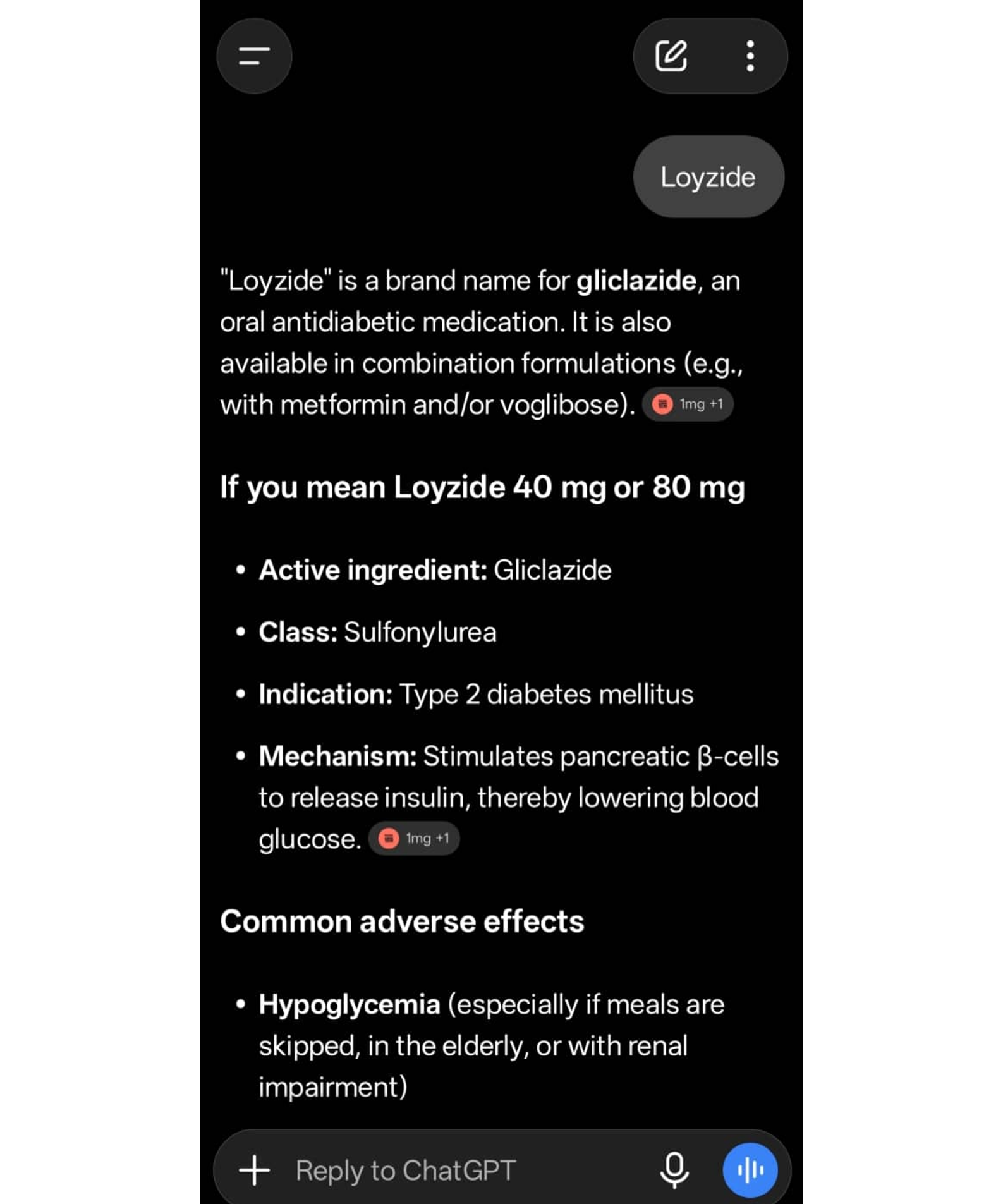 ChatGPT correctly identifying Loyzide as gliclazide, an oral antidiabetic medication, on a second attempt