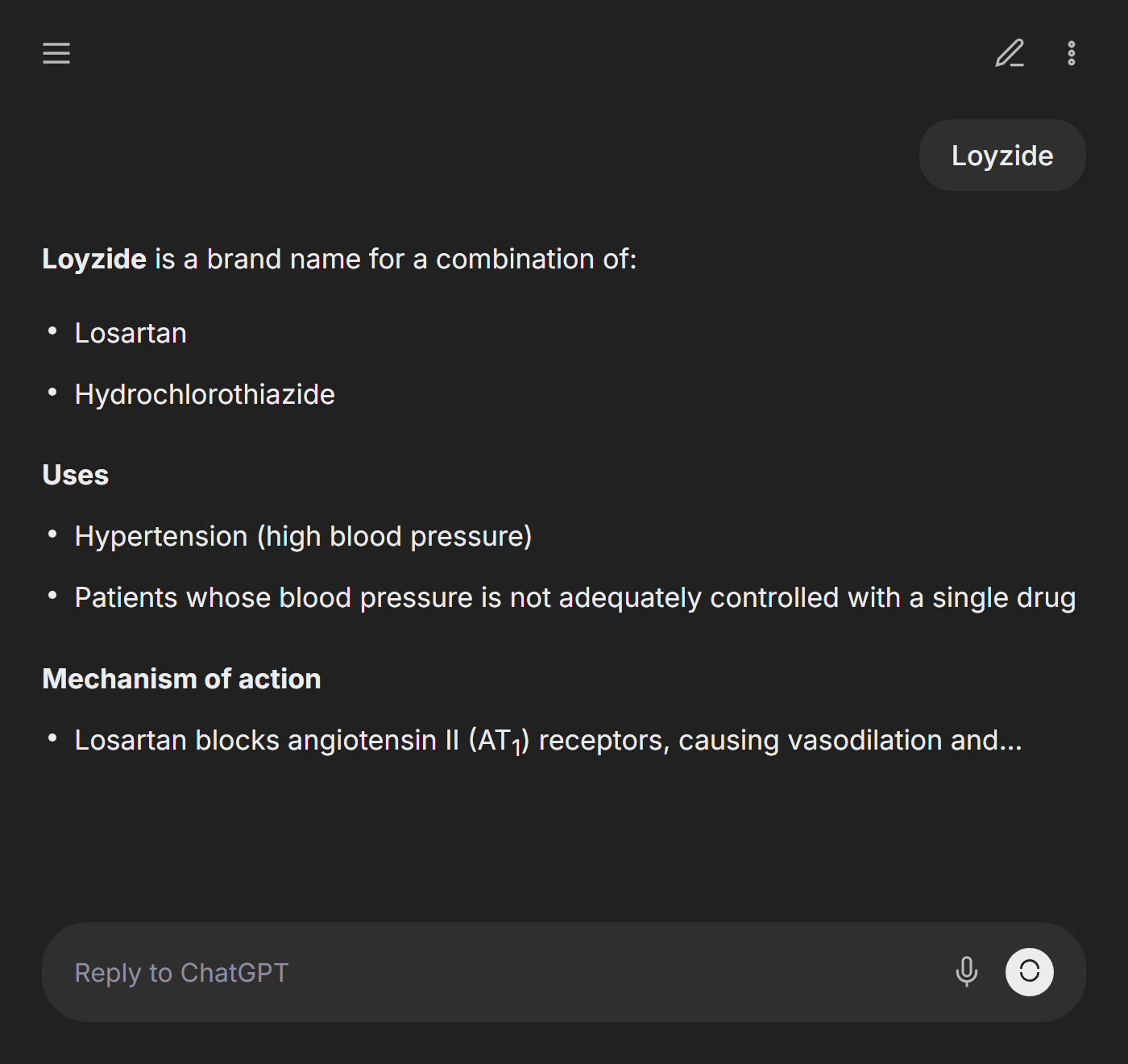 ChatGPT confidently answering that Loyzide is a combination of Losartan and Hydrochlorothiazide, an antihypertensive